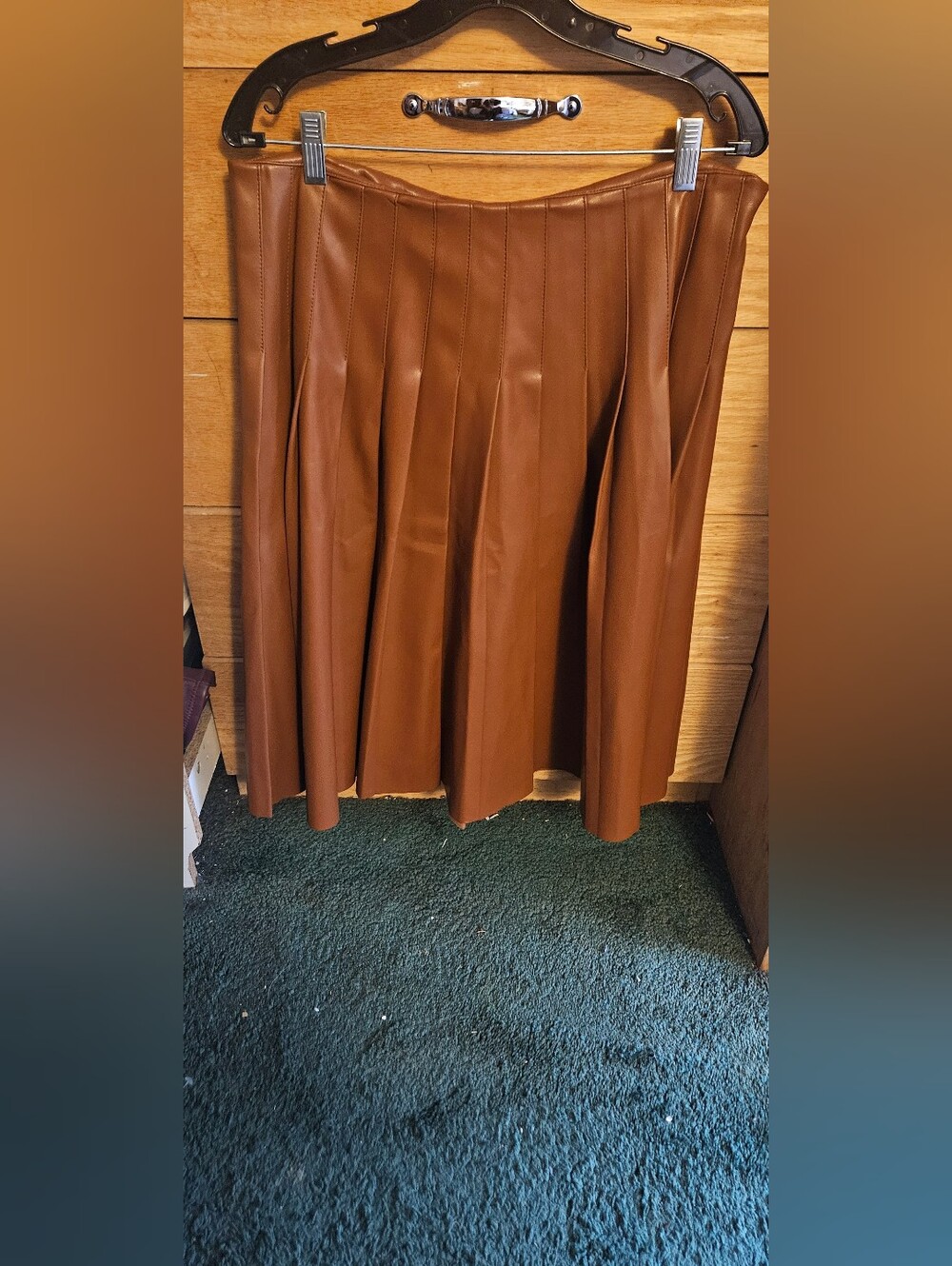 Faux Leather Pleated Skater Skirt in Cognac Brown